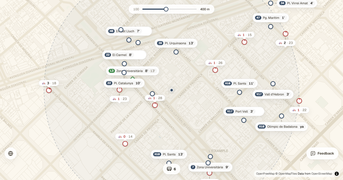 Marquesina map with public transport stops and next arrivals in Barcelona