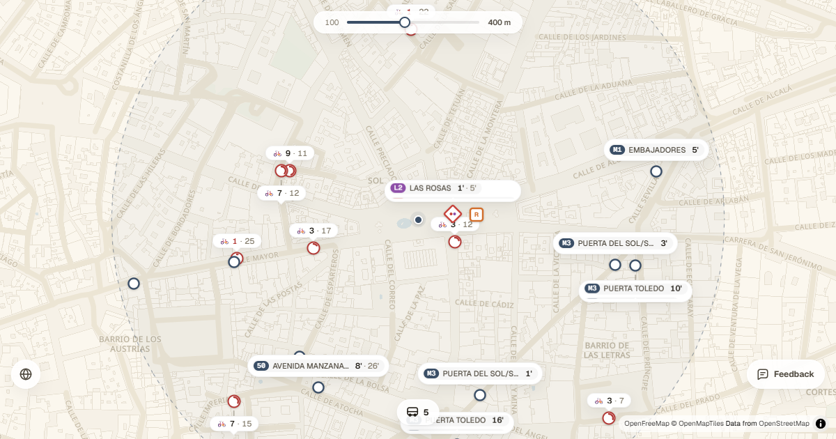 Mapa de Marquesina amb Metro, autobusos, Cercanías i BiciMAD a Madrid