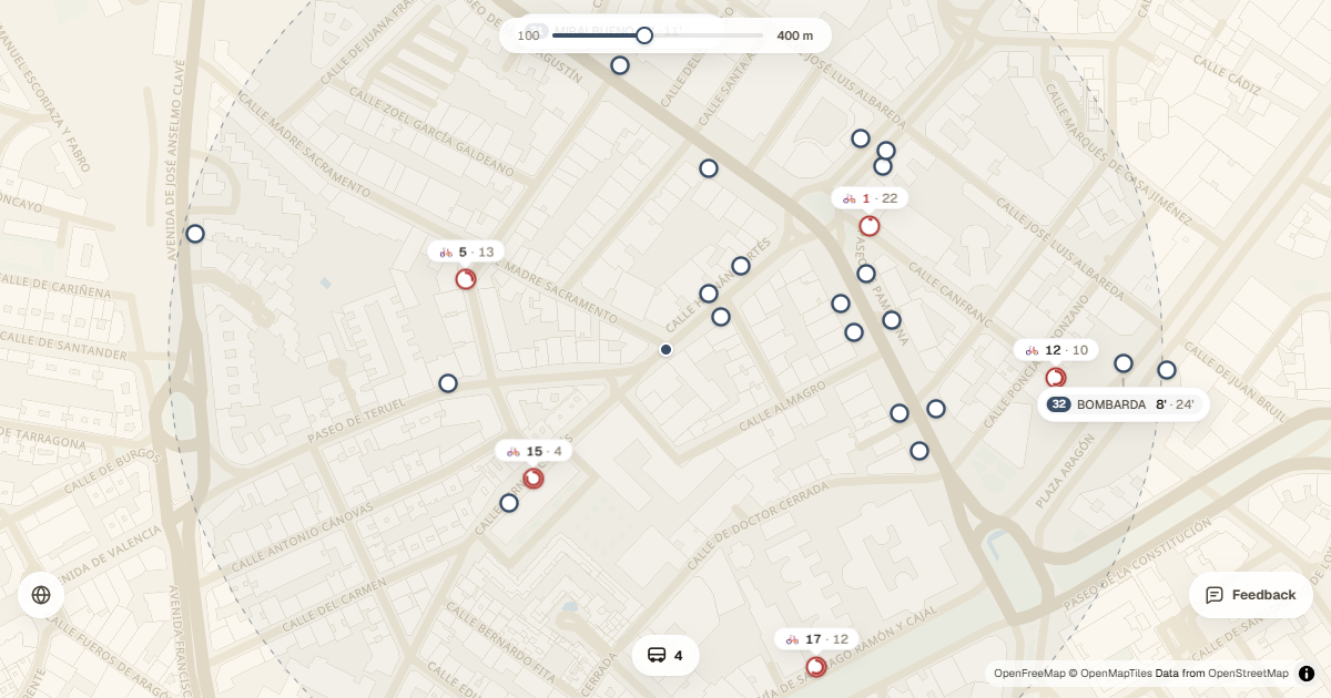 Mapa de Marquesina con autobuses, tranvía, Cercanías y Bizi en Zaragoza